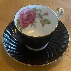 Vintage Aynsley cup & saucer "Black Swirl with Pink Cabbage Rose" pattern